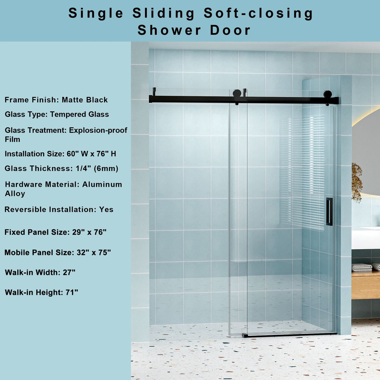 Frameless Soft-Closing Shower Door, 1/4" Tempered Glass Single Sliding