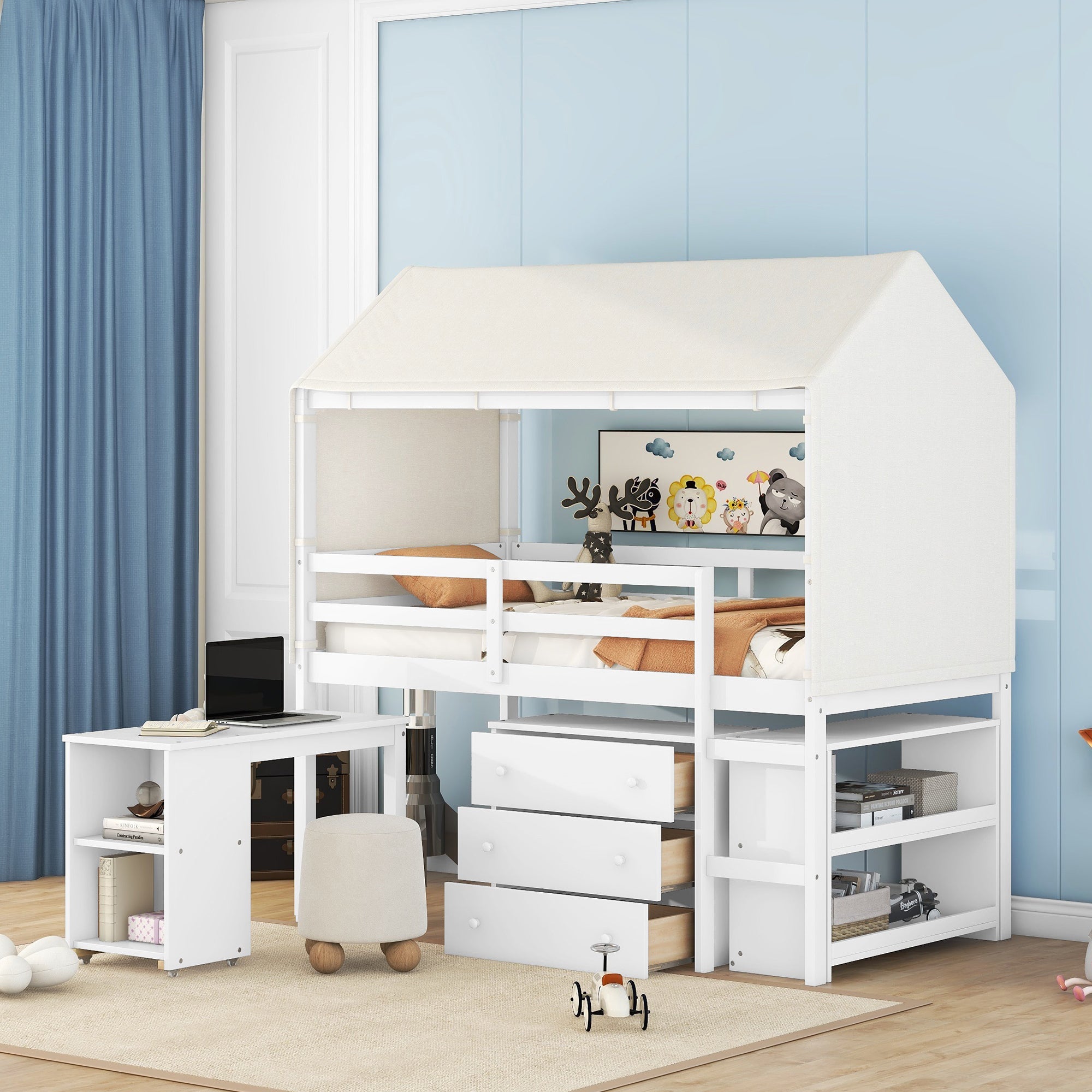 Twin-Size-Loft-Bed-with-Rolling-Cabinet,-Shelf-and-Tent-White-Kids-Beds