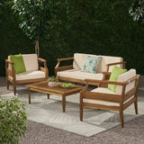 Alluvion Teak 4-Piece Wood Outdoor Patio Conversation Set with Cream Cushions