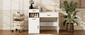 3-in-1 Vanity Desk with Flip Top Mirror, Glass Top Compact Makeup Vanity & Hidden Storage