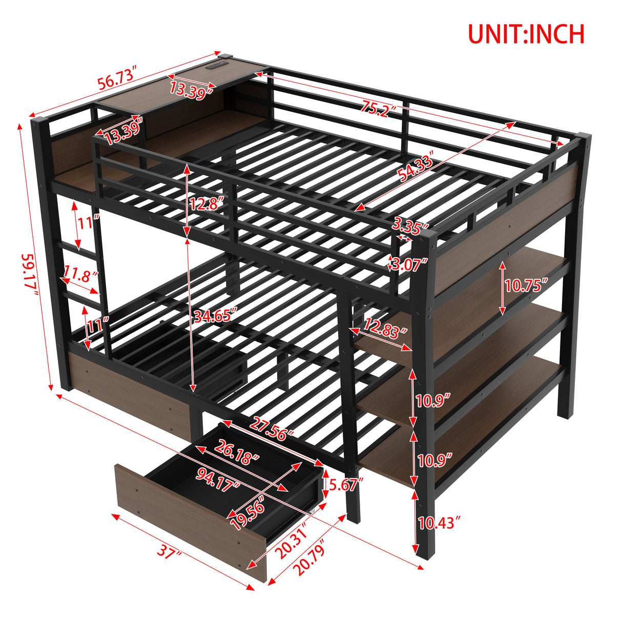 Full Size Metal Bunk Bed with Storage Shelves and USB Power Strip