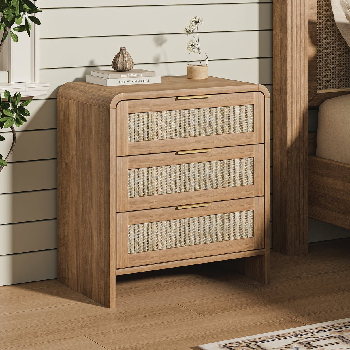 Rattan Nightstand with 3 Drawers set of 2, 22.8' Wide Curved Wooden Bedside Table, Modern Storage for Bedroom, Caramel Oak.