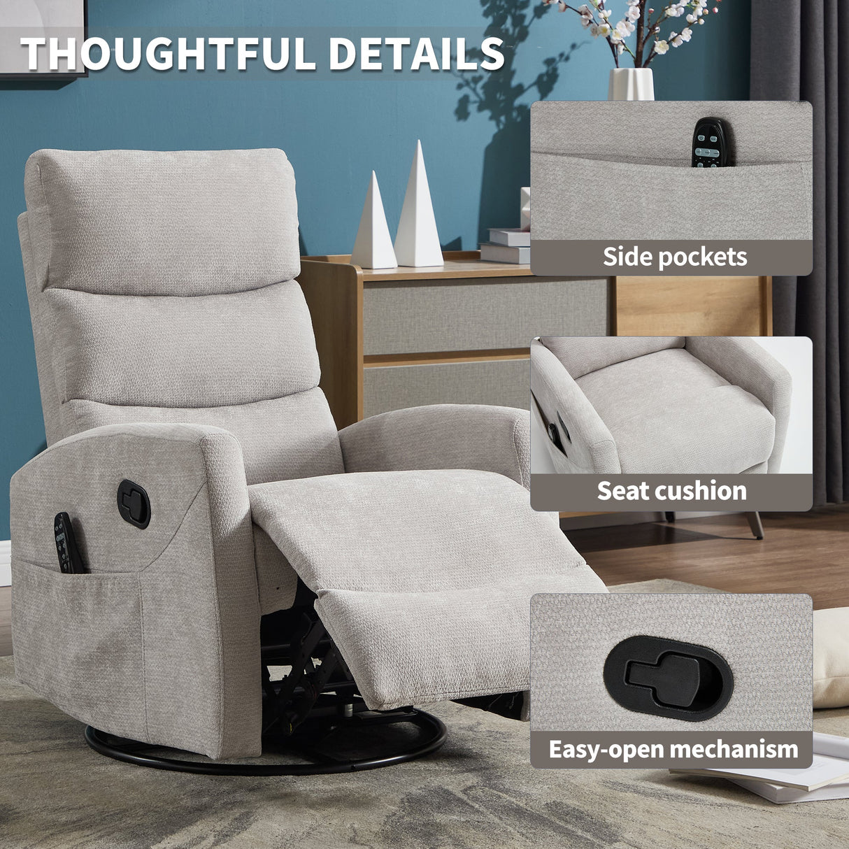 Heat Massage Manual Recliner Chair with Rocker and Swivel