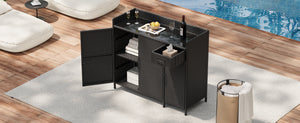K&K 47.5"W Wicker Outdoor Storage Cabinet with Tempered Glass Desktop