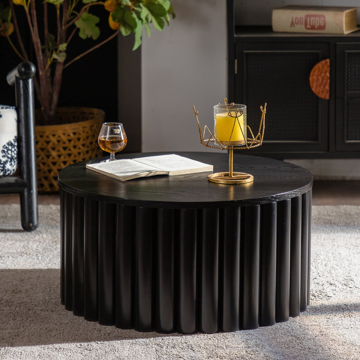 Round Coffee Table With Lift Handcrafted Relief