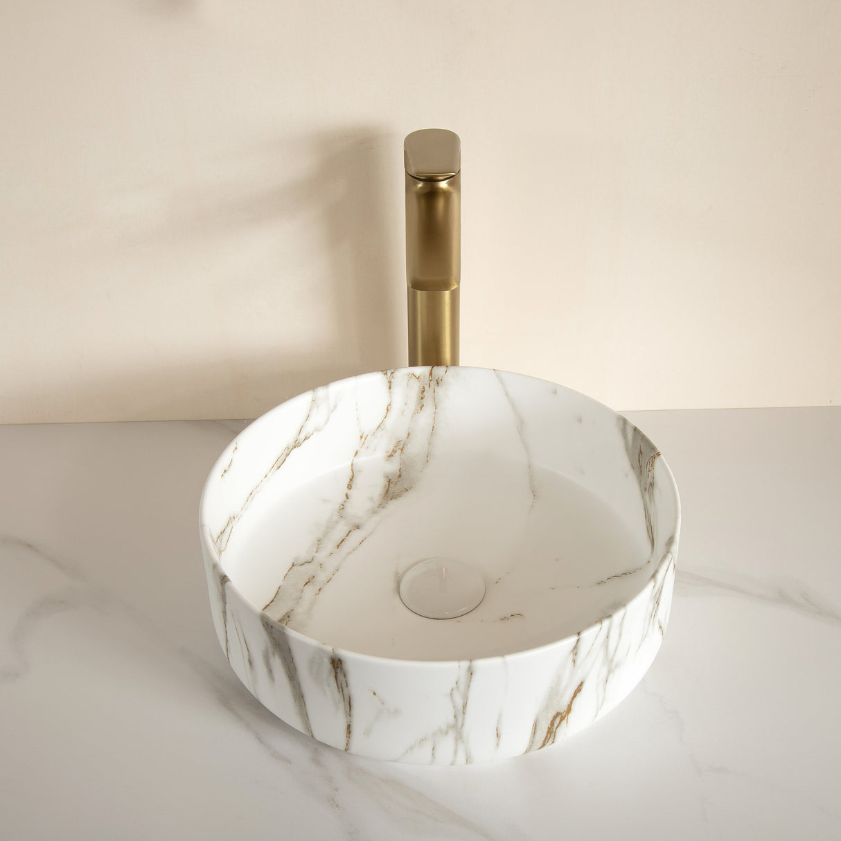 14'' Bathroom Sink, Round Vessel Ceramic Sink with Stone Pattern