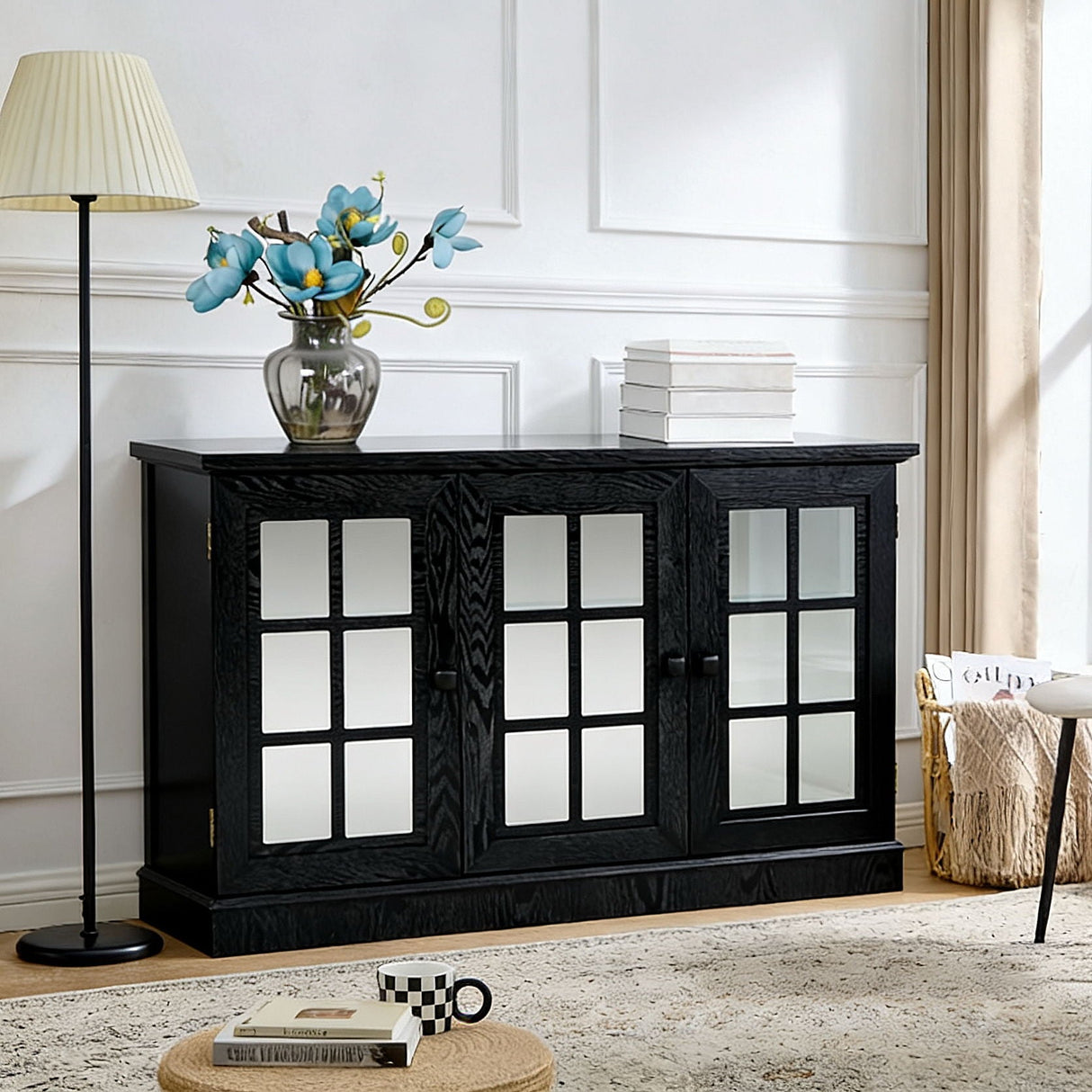 Storage Cabinet With 3 Mirrored Acrylic Doors, Adjustable Shelves