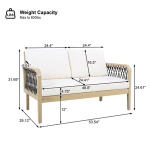 Outdoor Acacia Wood Loveseat & Coffee Table Set with Handwoven Rope, Light Teak