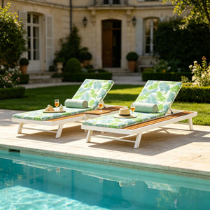 White Iron and Teak Finish Outdoor Chaise Lounge Set