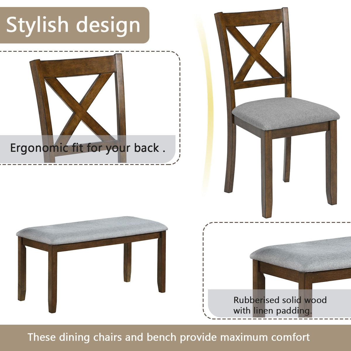 6 Pieces Kitchen Dining Set, Rectangular Wooden Dining Table With 4 Chairs And A Bench