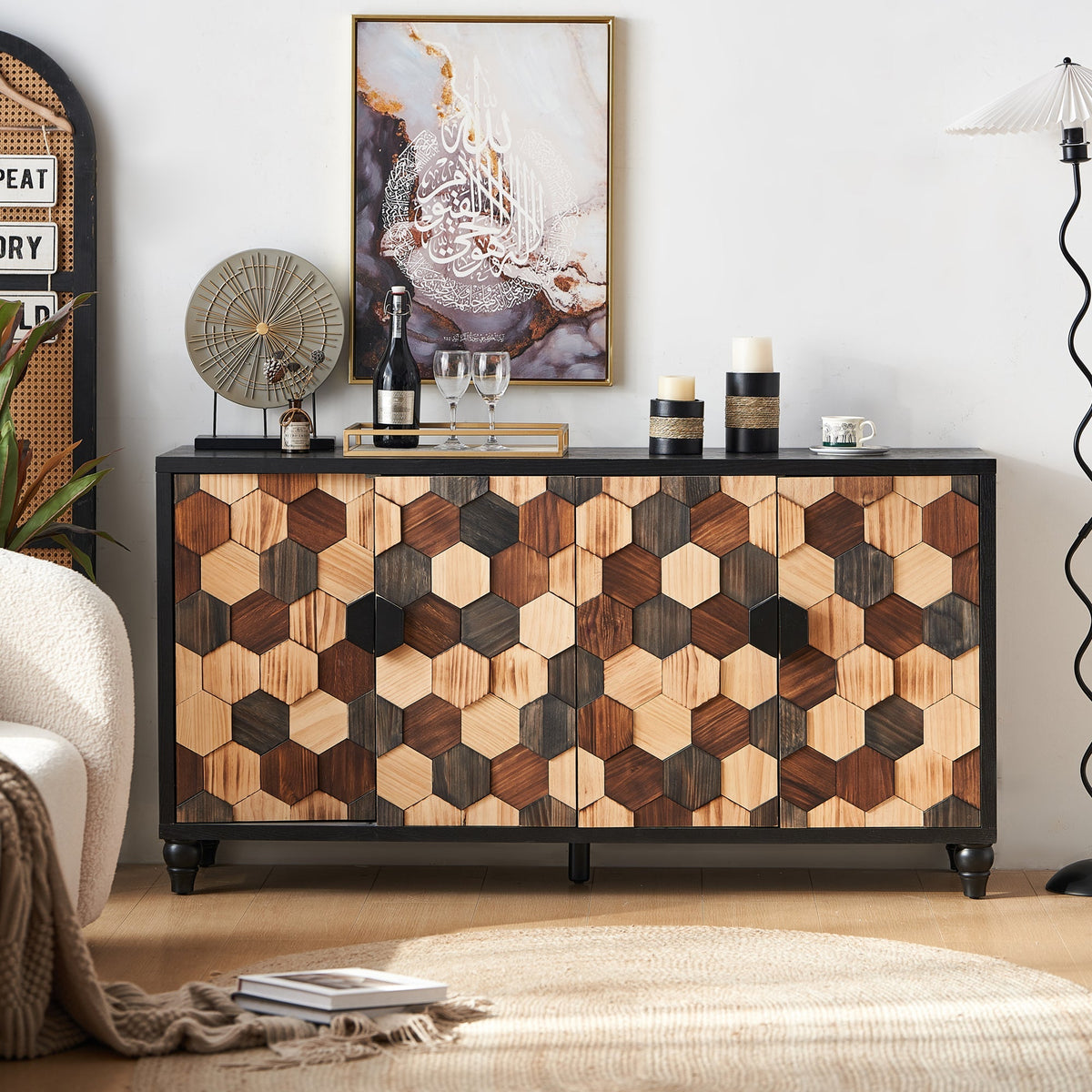 Distressed Storage Cabinet with Honeycomb Pattern