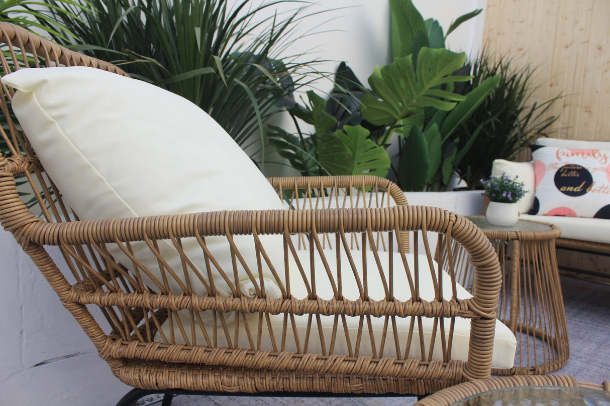 6PCS Outdoor Patio Balcony Natural Color Wicker Sofa Chair Set with Beige Cushion and Round Tempered Glass Table
