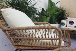 6PCS Outdoor Patio Balcony Natural Color Wicker Sofa Chair Set with Beige Cushion and Round Tempered Glass Table