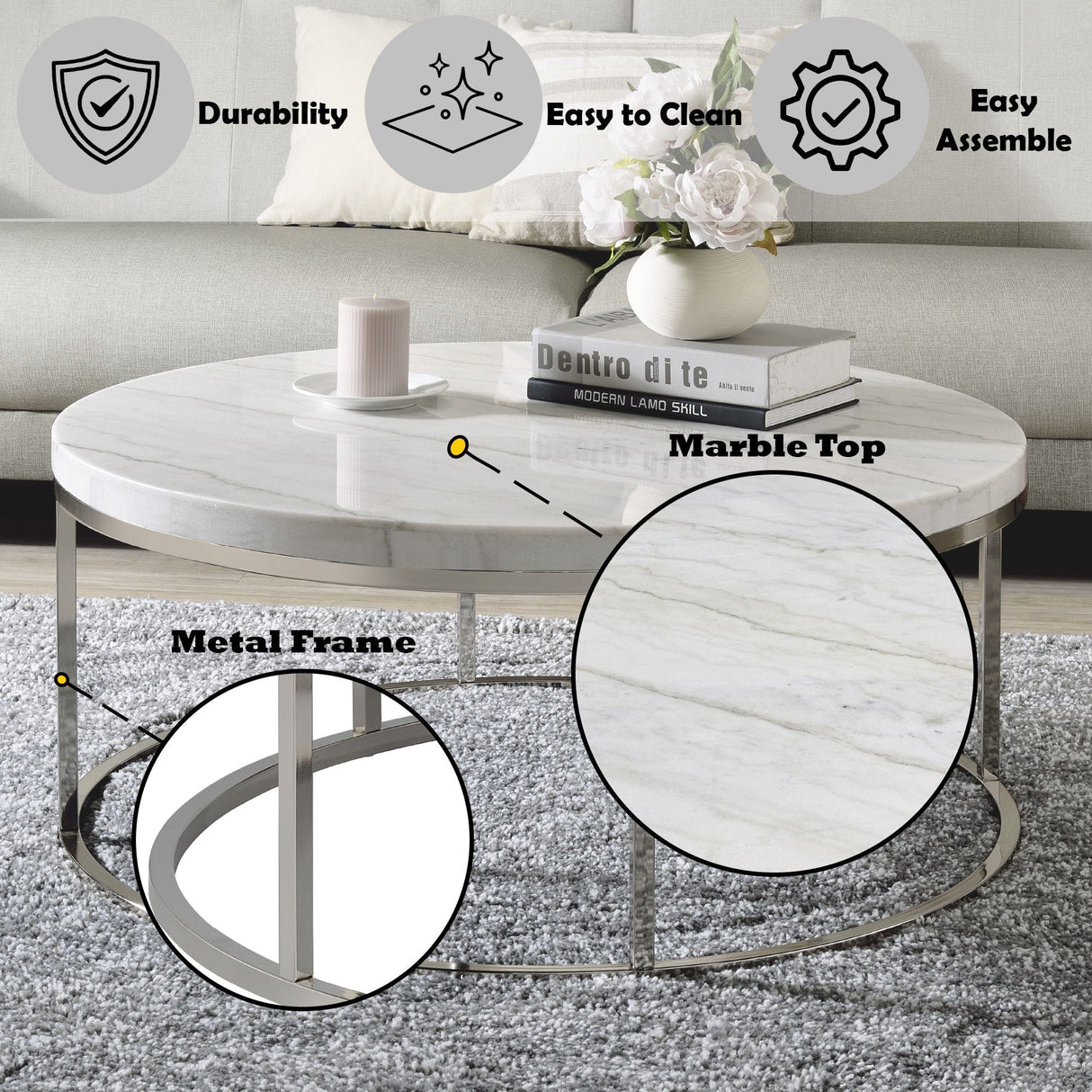 Zaidee Marble Top Nickel Coffee Table - White