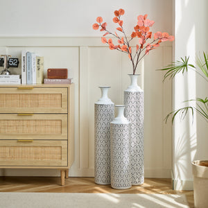 Modern Floor Vase Set – White & Black Metal Vases with Geometric Pattern – 3-Piece Home Decor Set in 24.8 in, 29.13 in & 33.85 in Heights