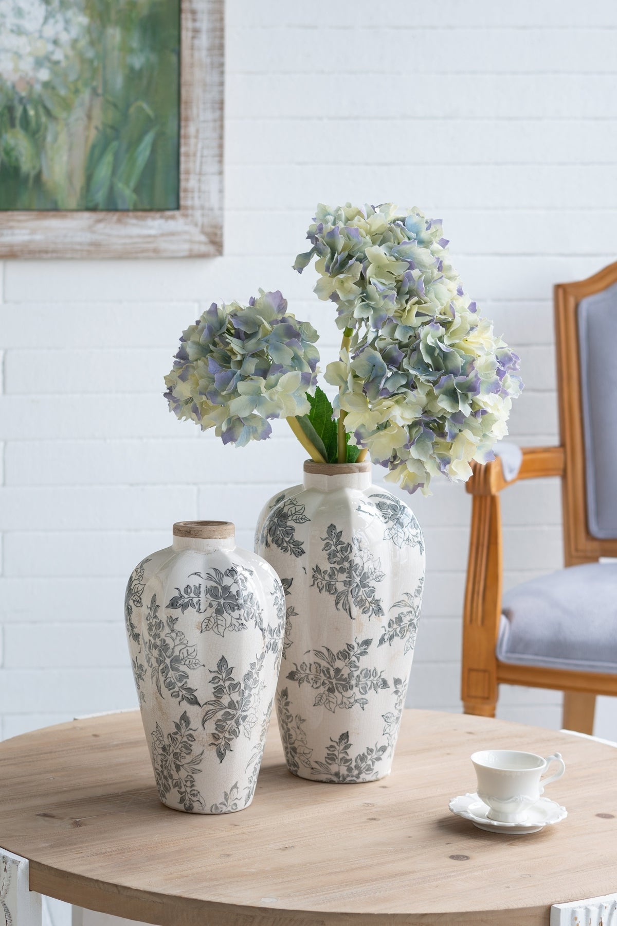 White Ceramic Accent Vase with Gray Floral Design - 11.6" Height