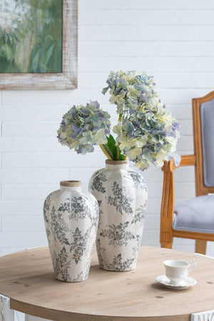 White Ceramic Accent Vase with Gray Floral Design - 11.6" Height