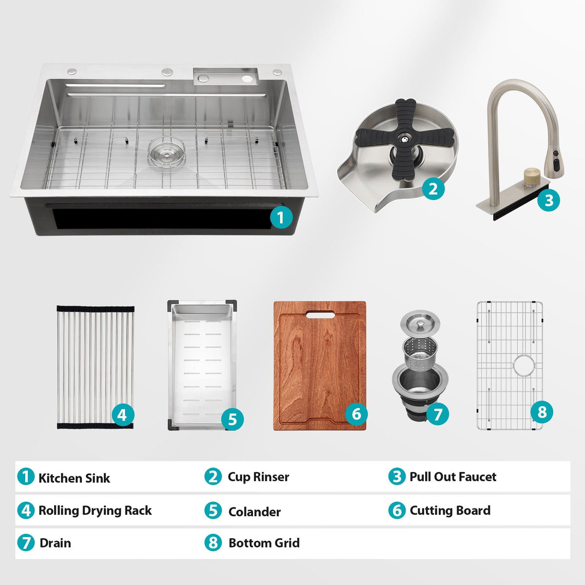 Waterfall Kitchen Sink With Pull Out Faucet & Cup Washer