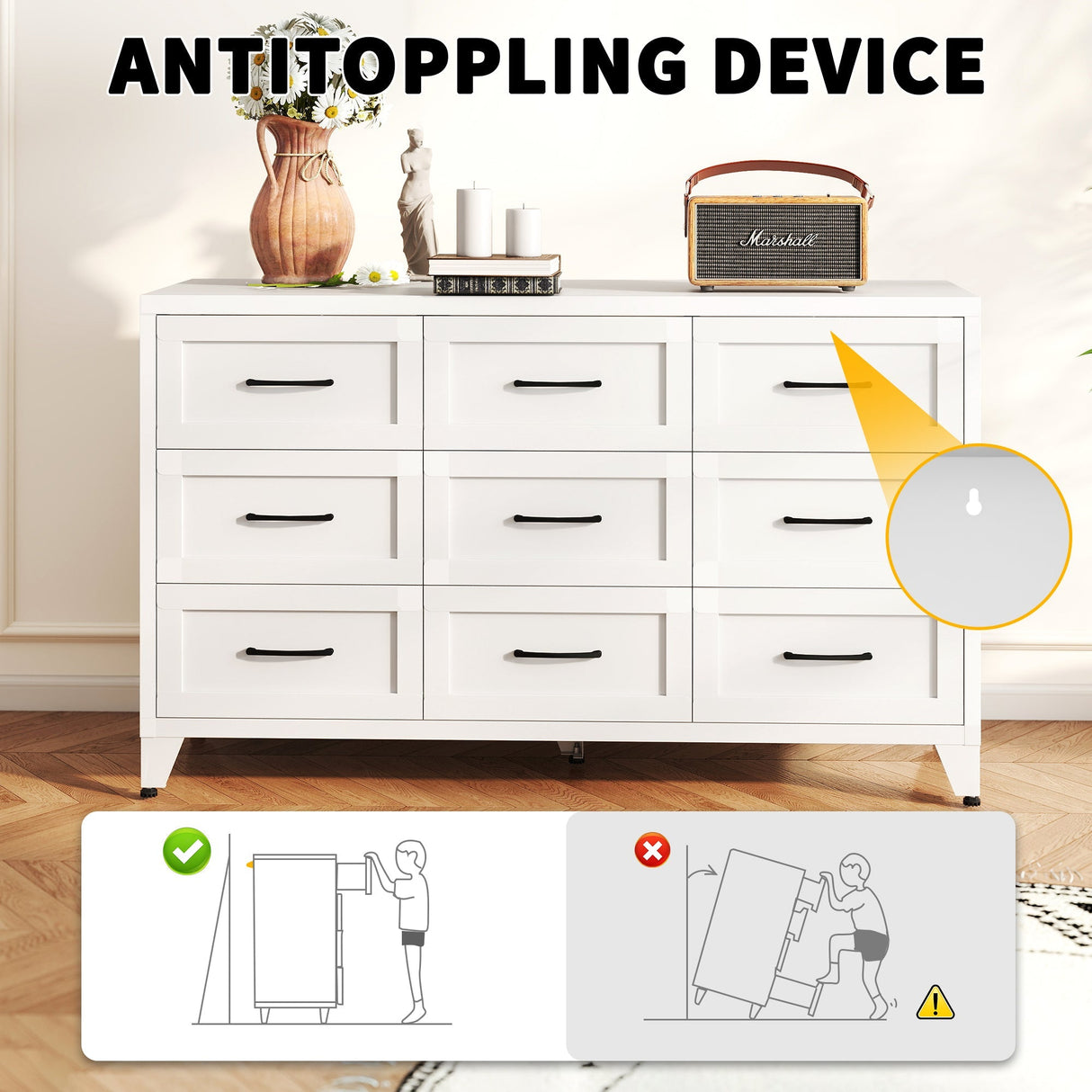 9 Drawer Dresser for Bedroom, Metal Profile Chest of Drawers, White Bedroom Dresser with Storage Drawers for Closet, Hallway, Entryway, Steel Furniture with Quiet-Glide Rails, Easy-Clean & Scratch