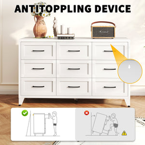 9 Drawer Dresser for Bedroom, Metal Profile Chest of Drawers, White Bedroom Dresser with Storage Drawers for Closet, Hallway, Entryway, Steel Furniture with Quiet-Glide Rails, Easy-Clean & Scratch