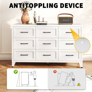 9 Drawer Dresser for Bedroom, Metal Profile Chest of Drawers, White Bedroom Dresser with Storage Drawers for Closet, Hallway, Entryway, Steel Furniture with Quiet-Glide Rails, Easy-Clean & Scratch