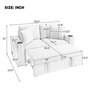 Modern 2 Seater Loveseat Sofa With Pull-Out Bed, Fabric, USB Ports & Cup Holders