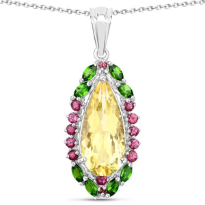 "6.19 Carat Genuine Citrine, Chrome Diopside and Rhodolite Garnet .925 Sterling Silver Pendant