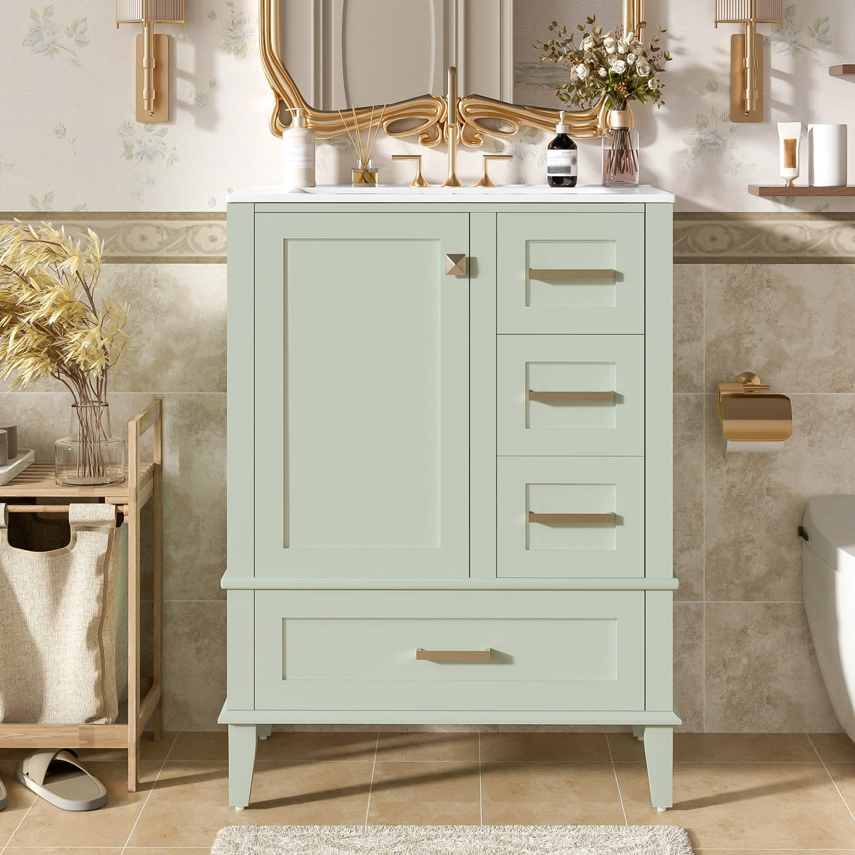 24.8" Bathroom Vanity with Ceramic Sink, Modern Freestanding Cabinet