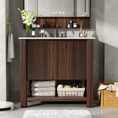 35.5" Antique Brown Bathroom Vanity with Open Shelf & Ceramic Sink by christopher knight home