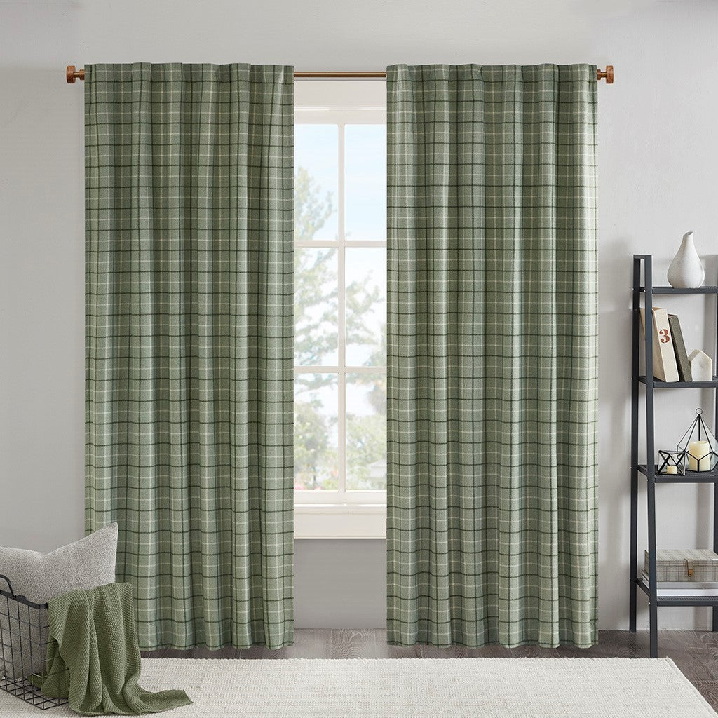 Plaid rod pocket and back tab curtain panel with fleece lining
