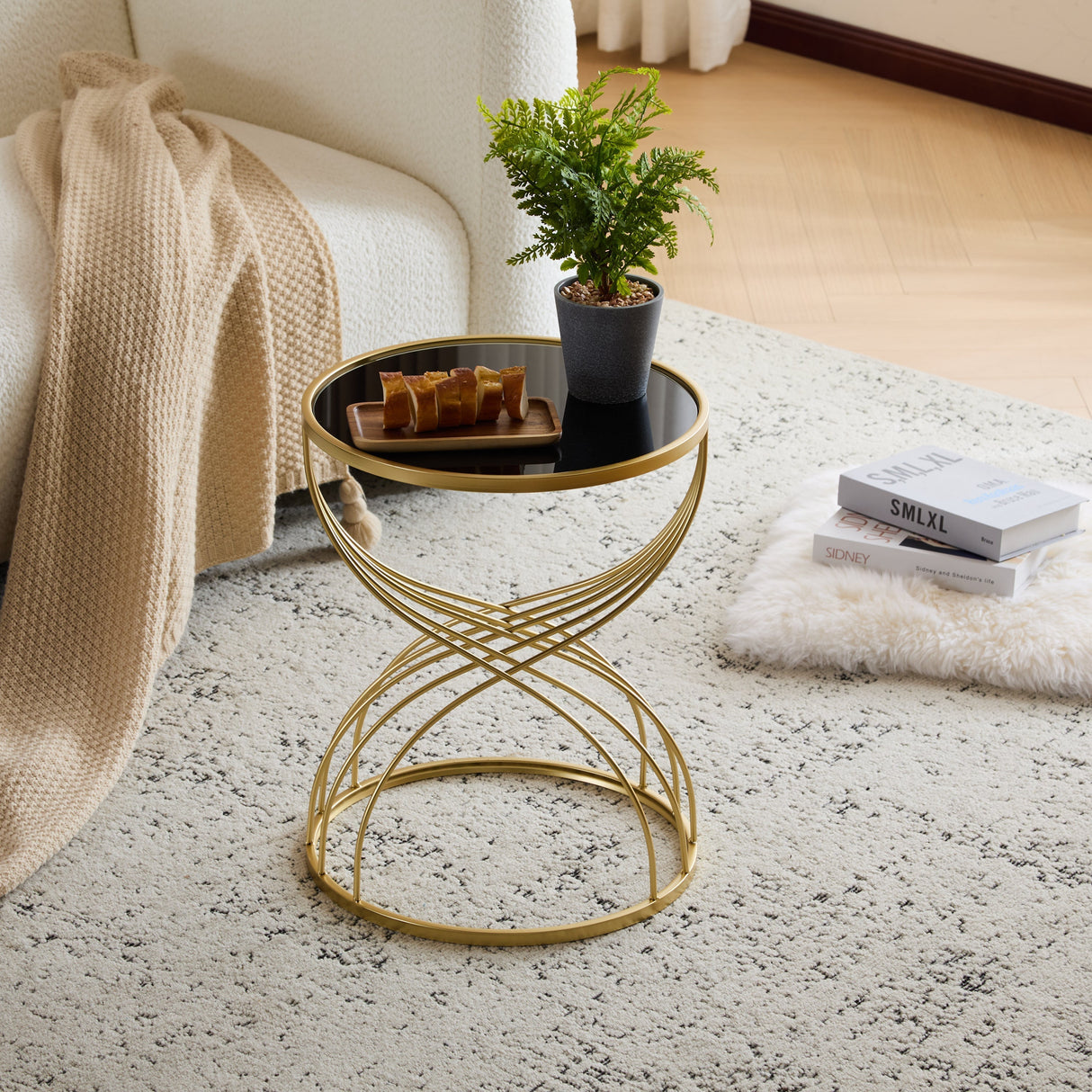 Modern Side Table with Golden Metal Frame and Black Mirror Top