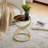 Modern Side Table with Golden Metal Frame and Black Mirror Top
