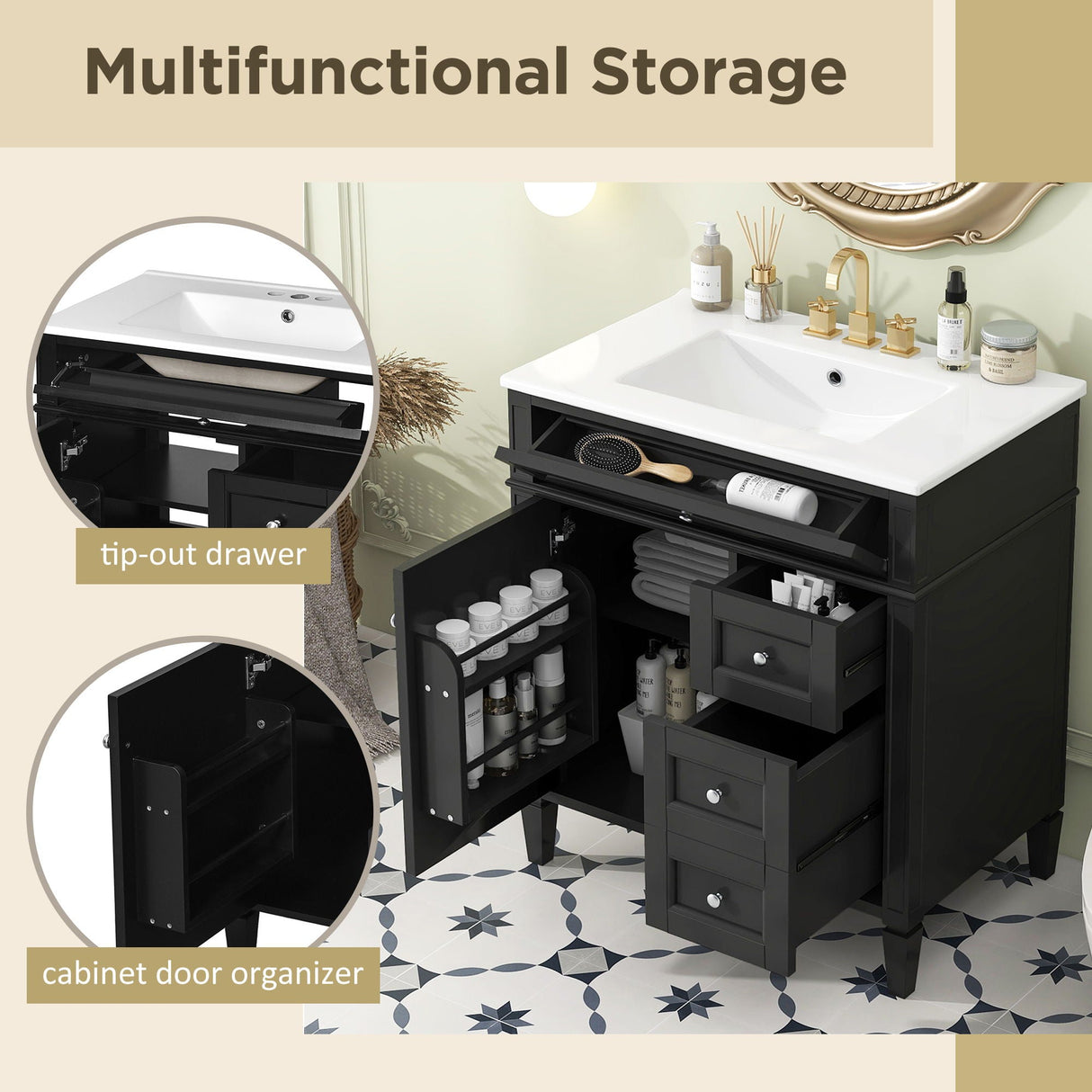 Bathroom Vanity With Top Sink, 2 Drawers & Tip Out Drawer