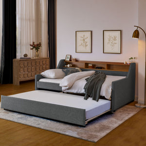 Upholstered Sofa Bed With LED Lights, Storage Headboard, Foldable Trundle & Wireless Charging