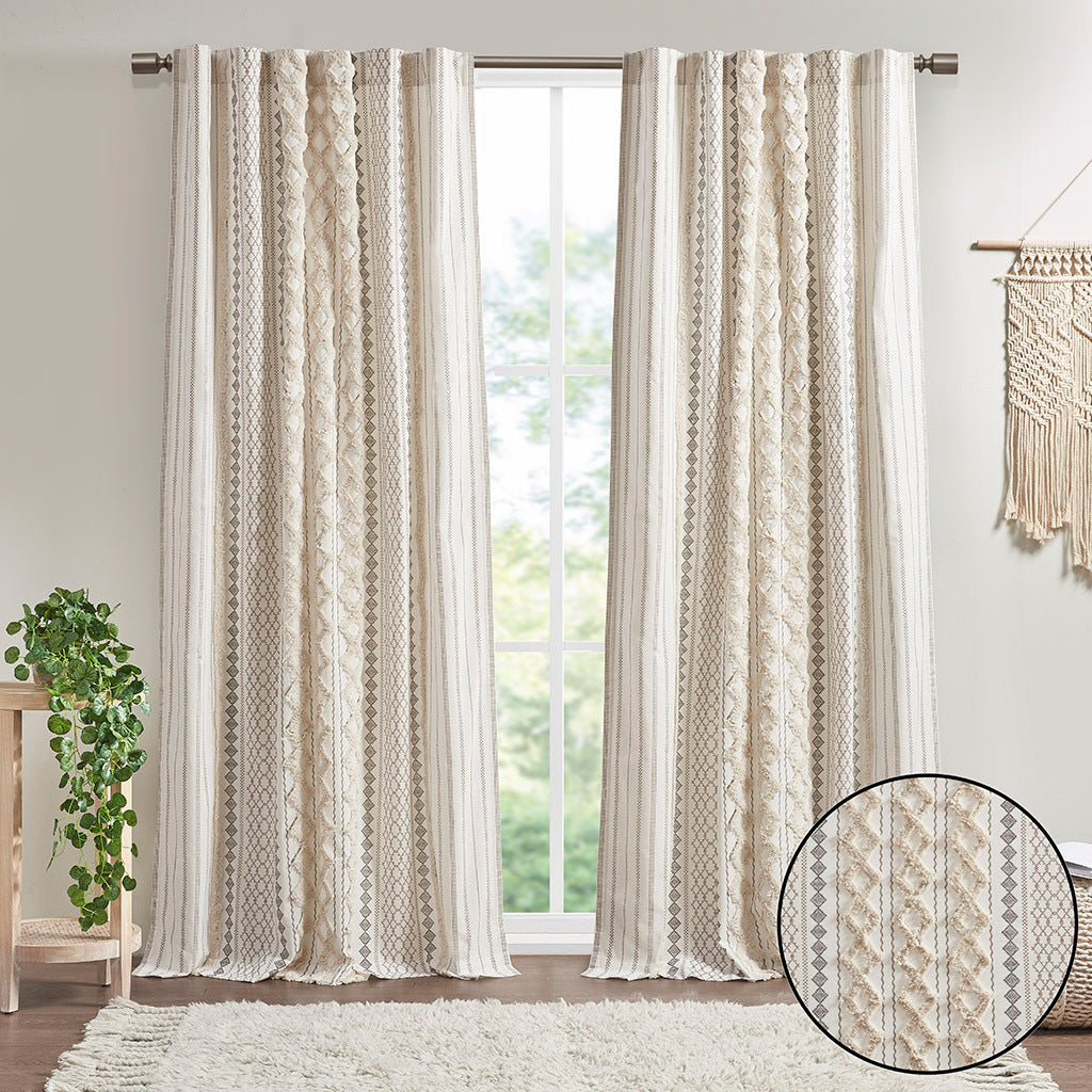Cotton Printed Curtain Panel with Chenille Stripe and Lining Ivory 50x84