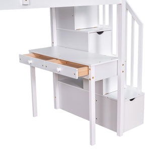 Loft Bed With Storage Drawers, Desk And Stairs With Shelves