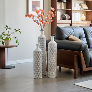 Modern Floor Vase Set Metal Vases With Geometric Pattern, 3 Piece Home Decor Set - White / Black