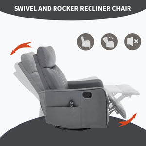 Grey Faux Leather Heat Massage Manual Recliner Chair with Rocker and Swivel