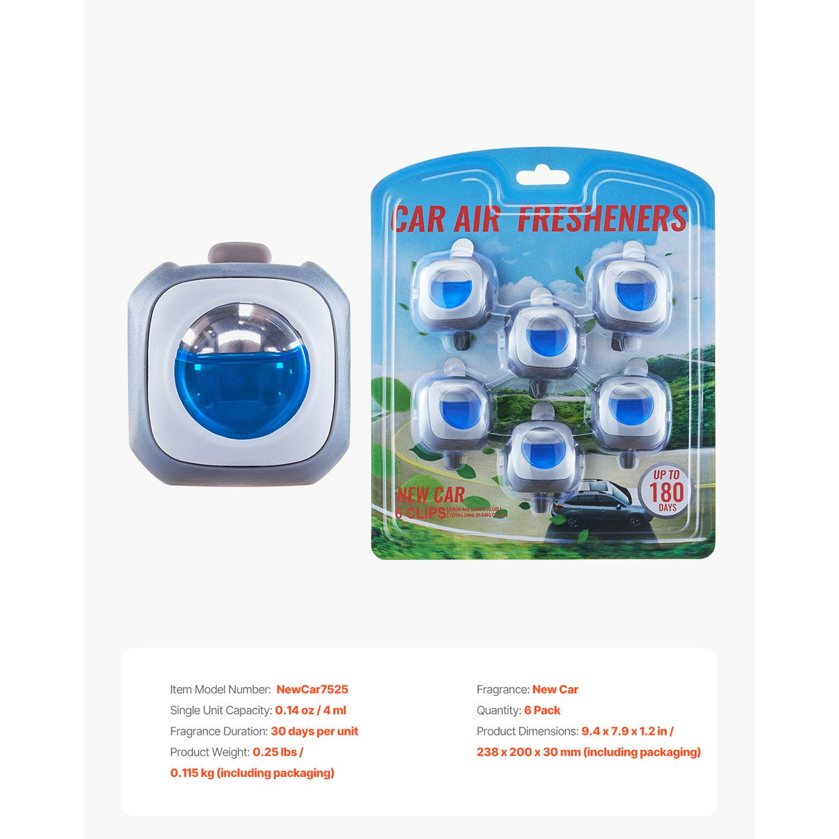 Car Air Freshener 6-Pack New Car Scent Vent Clip 4ml Each
