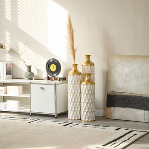 Floor Metal Vase Modern Style Decoration Home Droplet Shaped Metal Vase 3 Piece Set Gorgeous Home Decoration Large Glazed Metal Vase - Gold / White