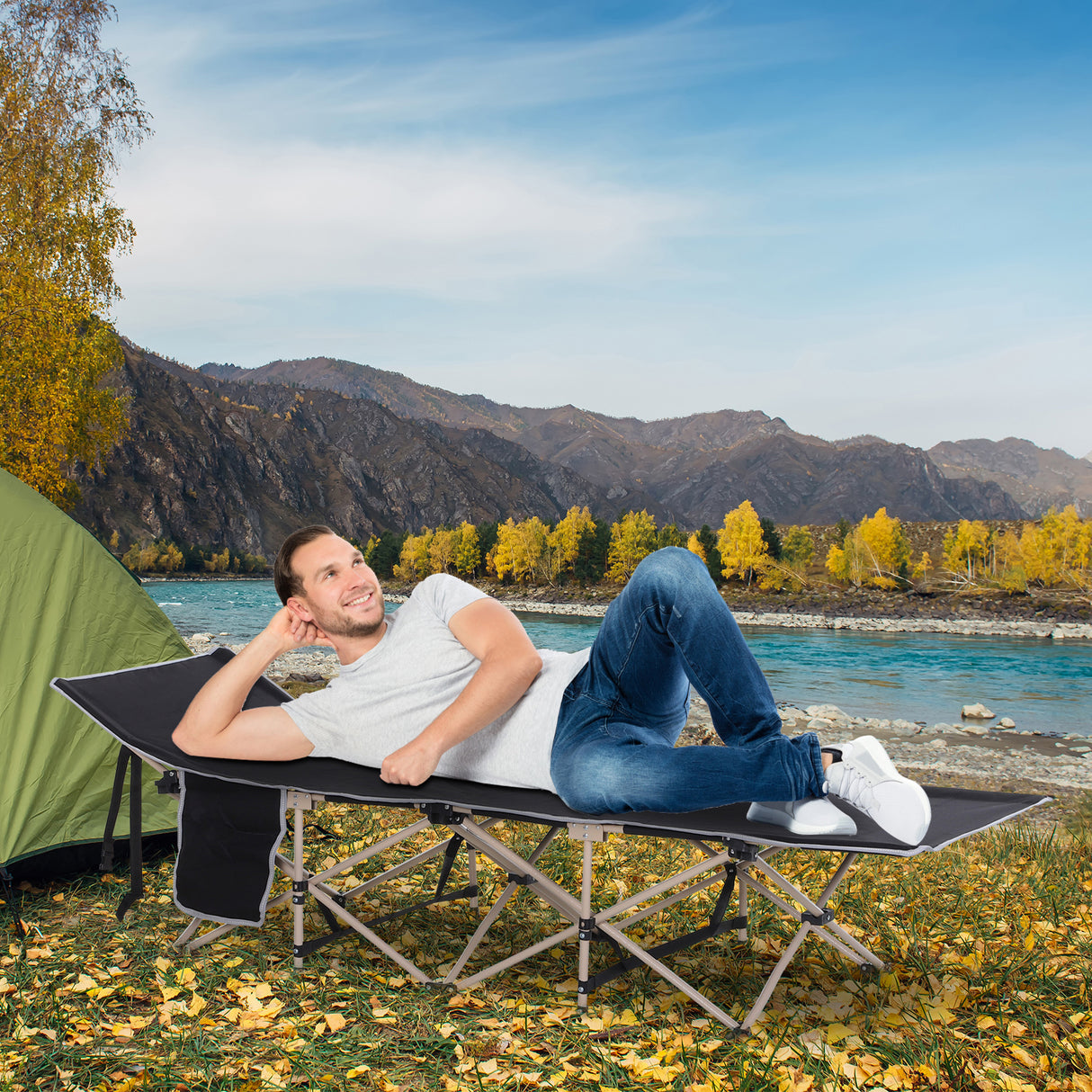 Outsunny Folding Camping Cot for Adults with Carry Bag and Side Pocket