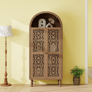Tall Kitchen Pantry Cabinet With Hollow Carved Doors - Walnut