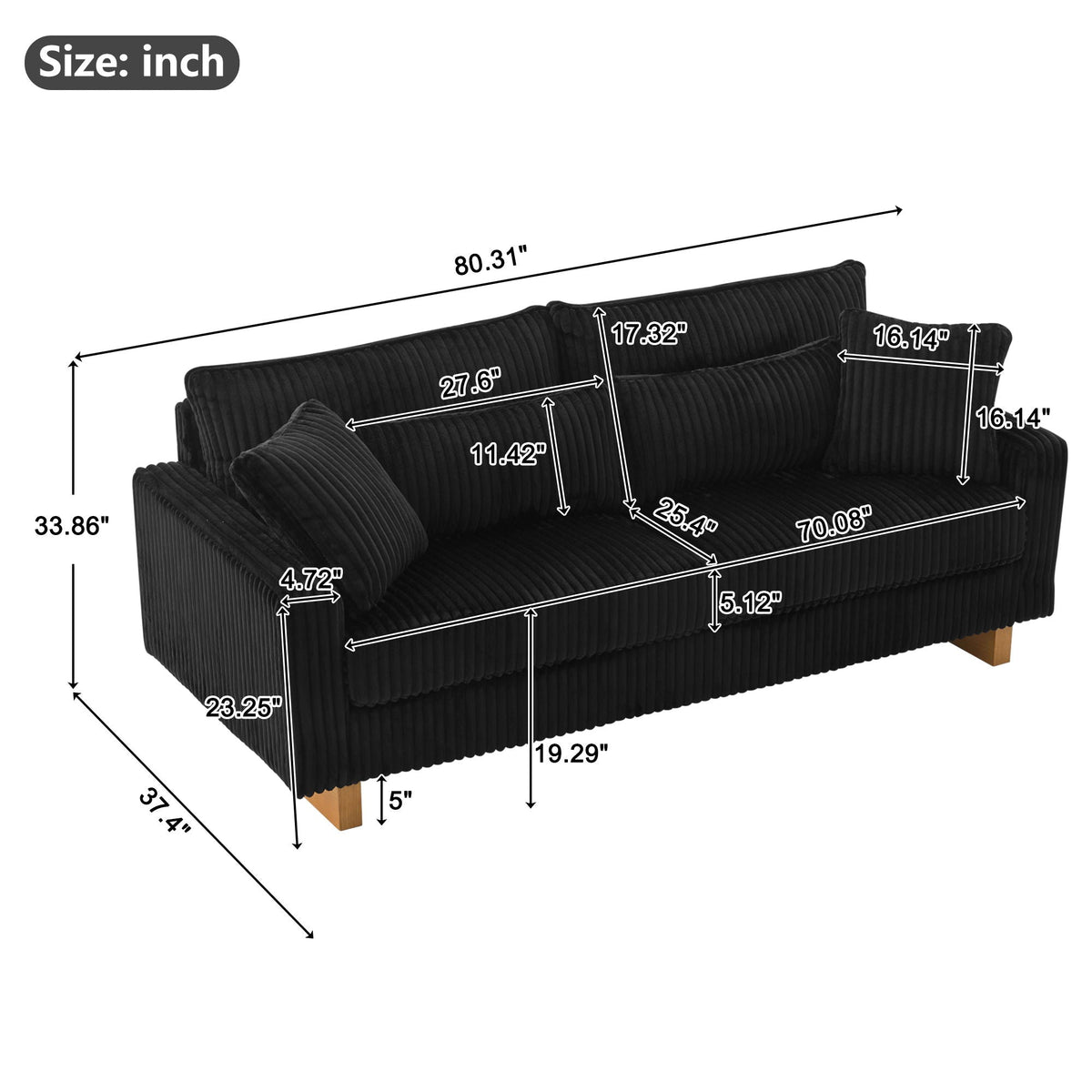 Modern Loveseat Sofa with 4 Pillows - Fabric Upholstery - Beige, Black, or Dark Gray