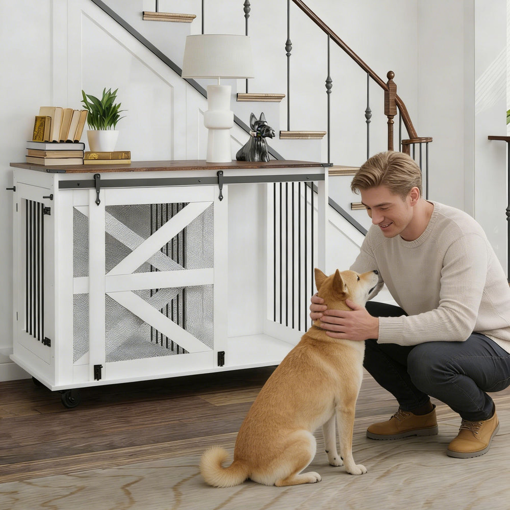 Mobile Dog Crate With Flip Top Feeding Door, Dual Access & 5 Caster Sy ...