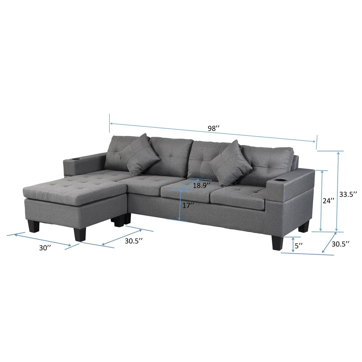 Modern Sectional Sofa Set With L Shape Chaise Lounge, Cup Holder, 4 Seat - Gray