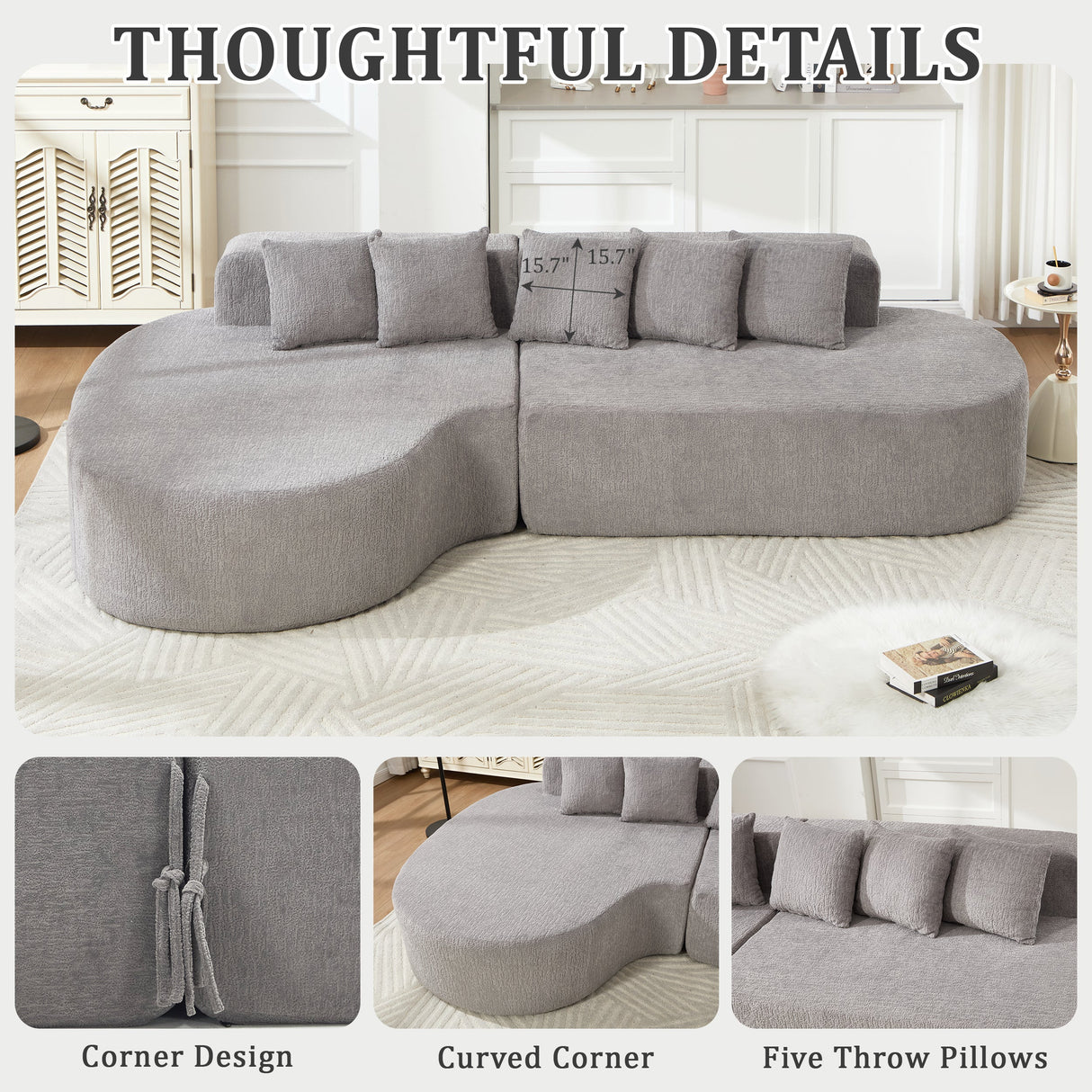 110.2" * 62" Boneless Sectional Curved Sofa with 5 Pillows