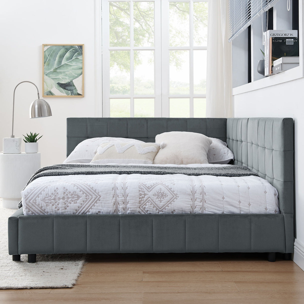 Mid-Century Storage Upholstered Tufted Bed Frame with Backrest and Armrests
