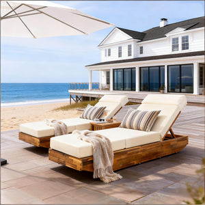 Modern Acacia Wood Outdoor Chaise Lounge with Beige Cushion