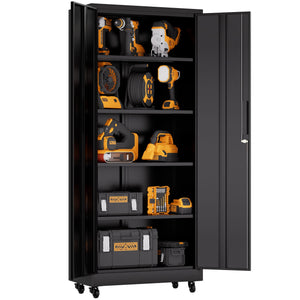 Storage Cabinet With Wheels And Lock, 4 Adjustable Shelves, 3 Point Locking Security, For Tool Organization In Garage - Black