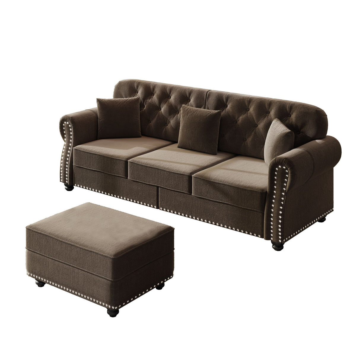 Upholstered Sofa Set With Nailhead Trim and Rolled Armrests, Includes Pillows